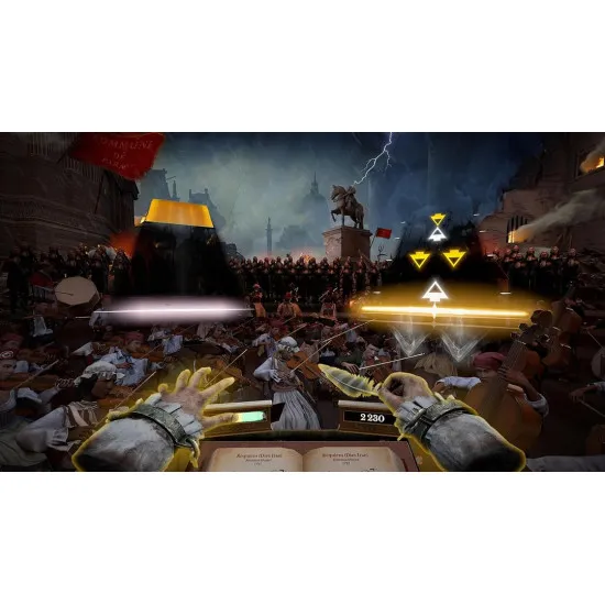 A Nintendo Switch game case depicting a conductor raising a glowing baton before a grand, illuminated concert hall packed with a full symphonic orchestra