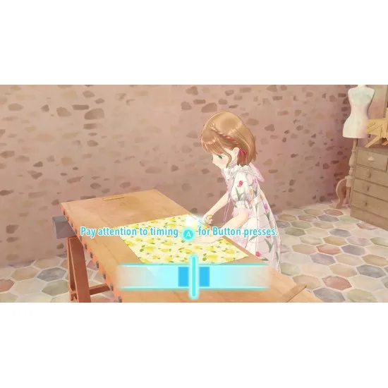 A Nintendo Switch game case displaying a cheerful anime girl with a magical glowing needle stitching a bright pink dress inside a colourful boutique filled with ribbons and fabrics