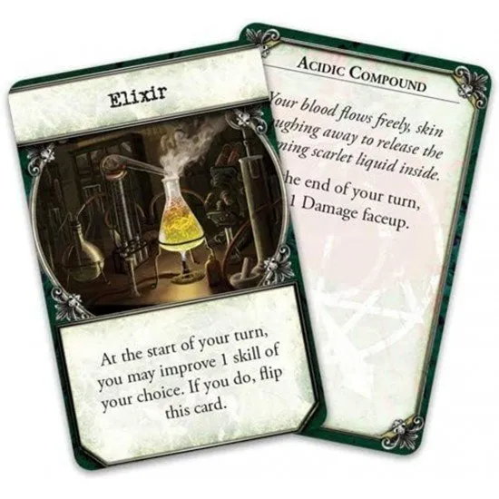 Investigators standing in a dark, foggy Arkham street corner with an eldritch creature lurking in the shadows