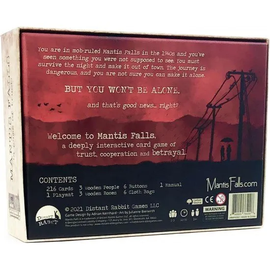 Mantis Falls hidden traitor board game box with dark film-noir artwork