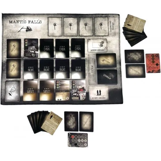 Mantis Falls hidden traitor board game box with dark film-noir artwork