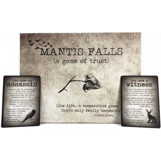 Mantis Falls hidden traitor board game box with dark film-noir artwork