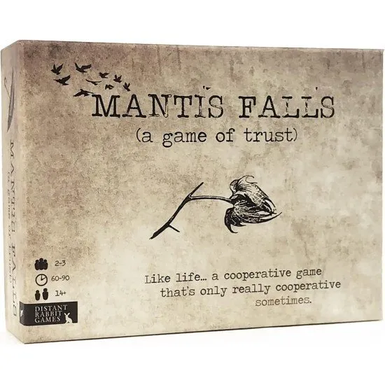 Mantis Falls hidden traitor board game box with dark film-noir artwork