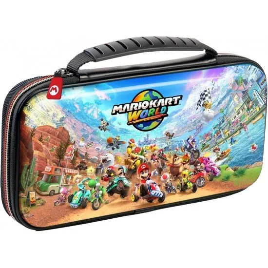A hard-shell travel case for the Nintendo Switch, featuring a bright and colorful Mario Kart World theme. The case is shown open, revealing slots for game cards and an inner compartment for the console.