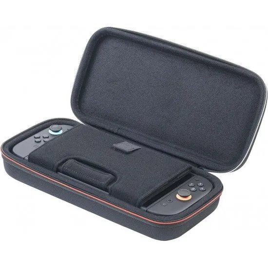 A hard-shell travel case for the Nintendo Switch, featuring a bright and colorful Mario Kart World theme. The case is shown open, revealing slots for game cards and an inner compartment for the console.