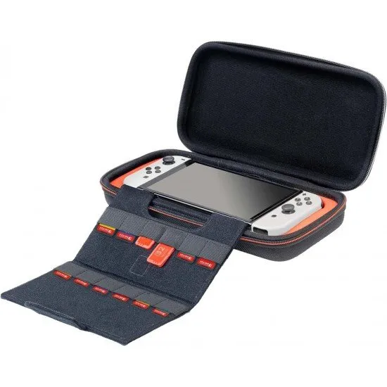A hard-shell travel case for the Nintendo Switch, featuring a bright and colorful Mario Kart World theme. The case is shown open, revealing slots for game cards and an inner compartment for the console.