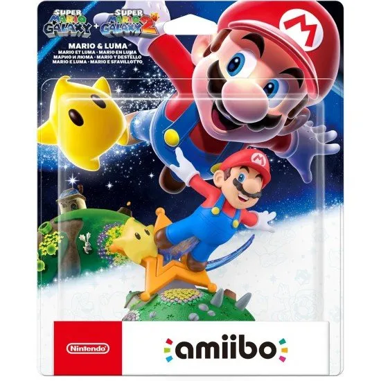 An amiibo figure featuring Mario in a soaring pose with a small yellow Luma floating next to him