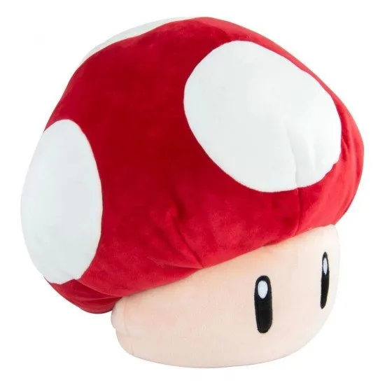 Super Mario Red Mushroom Plush A large, 40cm Super Mario Mocchi Mocchi plush toy of a Red Mushroom from the Mario Kart game series, with a unique squishy texture.