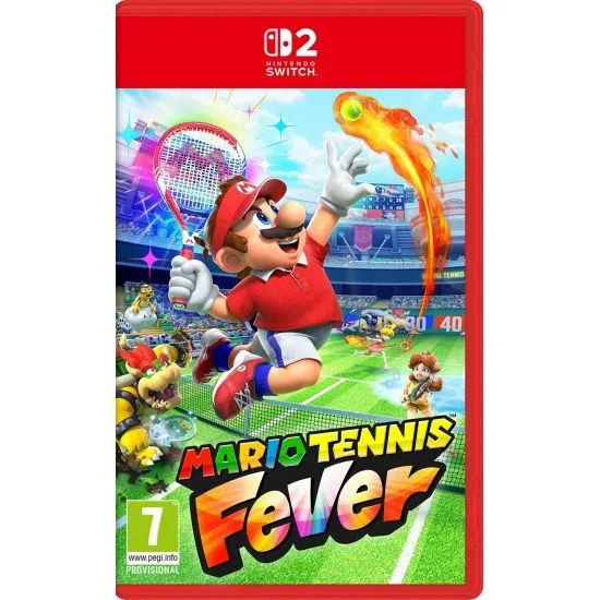 Mario Tennis Fever Nintendo Switch 2 box art showing Mario hitting a powerful shot with glowing green effects, surrounded by other characters and the Fever Rackets