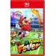 Mario Tennis Fever Nintendo Switch 2 box art showing Mario hitting a powerful shot with glowing green effects, surrounded by other characters and the Fever Rackets