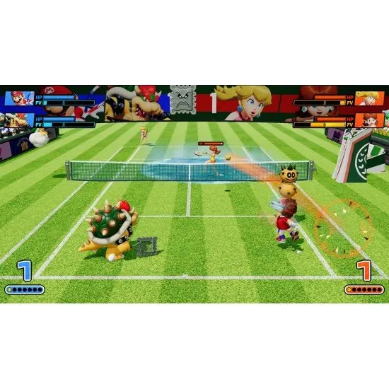 Mario Tennis Fever Nintendo Switch 2 box art showing Mario hitting a powerful shot with glowing green effects, surrounded by other characters and the Fever Rackets