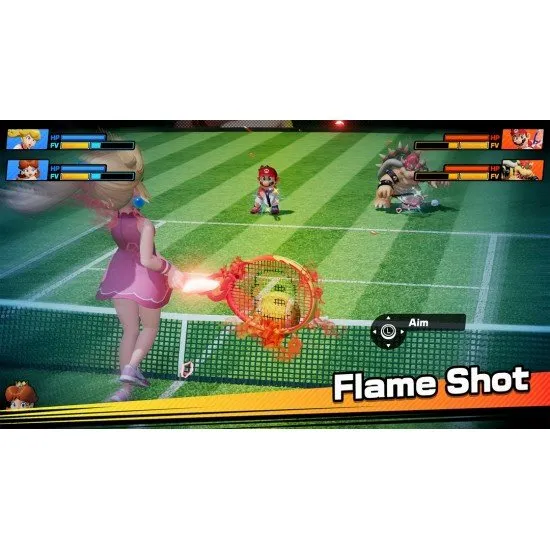 Mario Tennis Fever Nintendo Switch 2 box art showing Mario hitting a powerful shot with glowing green effects, surrounded by other characters and the Fever Rackets