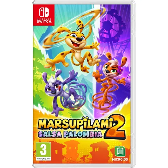 A Nintendo Switch game case depicting the yellow spotted Marsupilami family bouncing and soaring over ancient tropical ruins whilst fighting off dancing enemies
