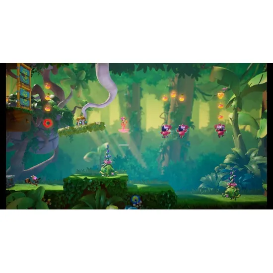 A Nintendo Switch game case depicting the yellow spotted Marsupilami family bouncing and soaring over ancient tropical ruins whilst fighting off dancing enemies