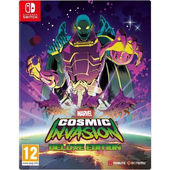 MARVEL Cosmic Invasion Deluxe Edition Nintendo Switch showing the physical cartridge and collectors items