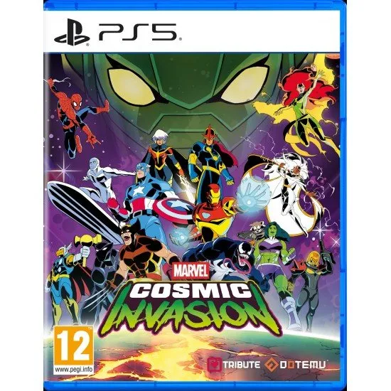 MARVEL Cosmic Invasion game cover showing various Marvel Super Heroes (Nova, Spider-Man, Wolverine, Captain America) in pixel art fighting style
