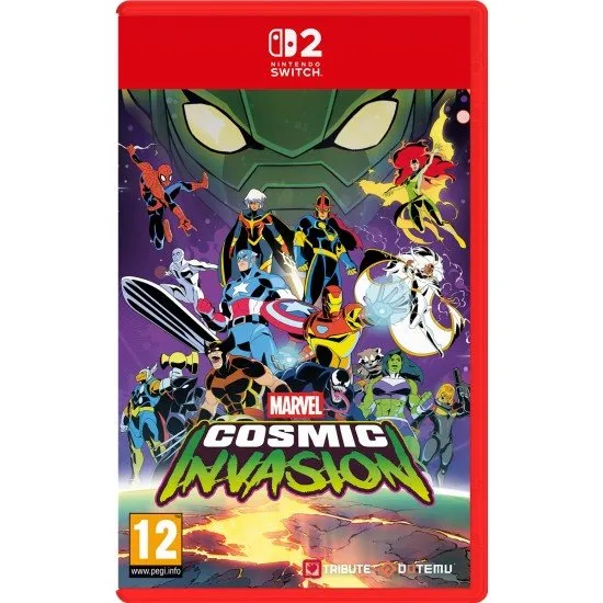 MARVEL Cosmic Invasion game cover showing various Marvel Super Heroes (Nova, Spider-Man, Wolverine, Captain America) in pixel art fighting style