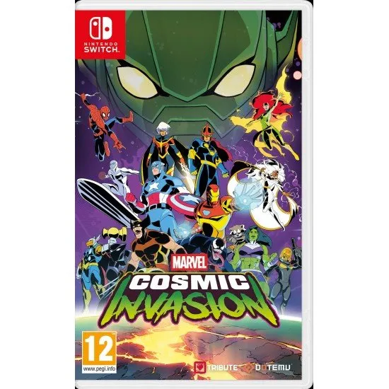 MARVEL Cosmic Invasion game cover showing various Marvel Super Heroes (Nova, Spider-Man, Wolverine, Captain America) in pixel art fighting style
