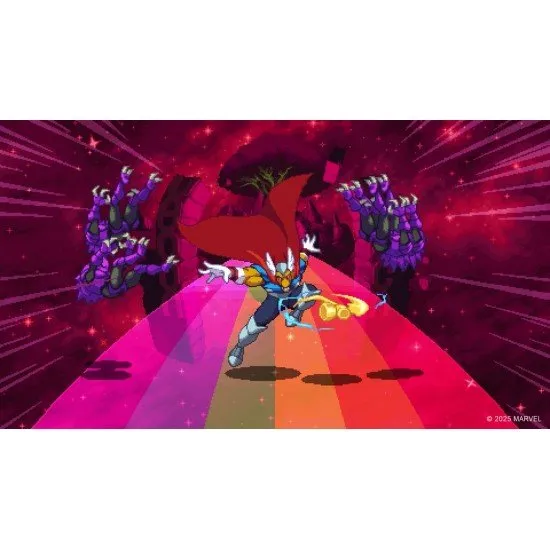 MARVEL Cosmic Invasion game cover showing various Marvel Super Heroes (Nova, Spider-Man, Wolverine, Captain America) in pixel art fighting style