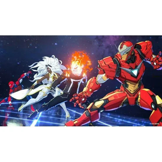 Captain America and Iron Man engaging in high-speed anime-style combat against a vibrant Marvel backdrop