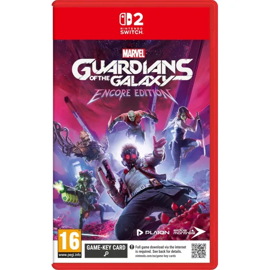 Nintendo Switch 2 game case for Marvel's Guardians of the Galaxy Encore Edition showing Star-Lord, Gamora, Drax, Rocket, and Groot in glam rock outfits