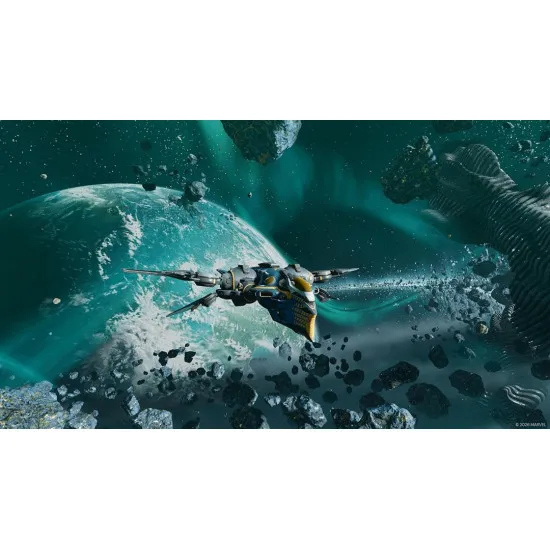Nintendo Switch 2 game case for Marvel's Guardians of the Galaxy Encore Edition showing Star-Lord, Gamora, Drax, Rocket, and Groot in glam rock outfits