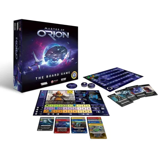 Master of Orion board game box featuring galactic space civilisation conquest artwork with alien races and interstellar empire design