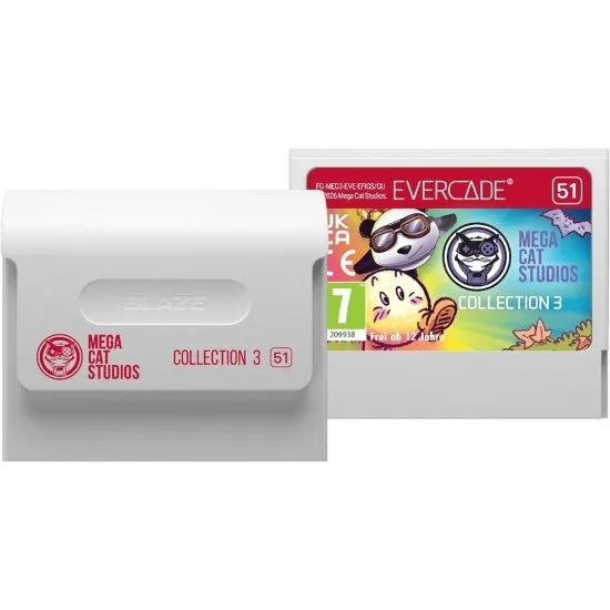 Evercade cartridge box showcasing various indie game characters including Rocket Panda and a ghost minotaur