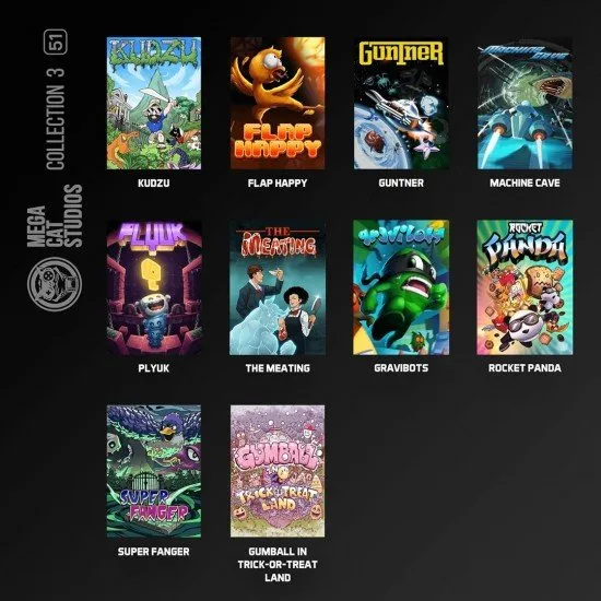 Evercade cartridge box showcasing various indie game characters including Rocket Panda and a ghost minotaur