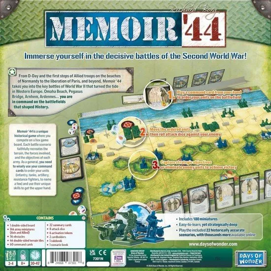 Memoir '44 Refresh board game box art showing detailed WWII miniatures (infantry and tanks) on a hexagonal battlefield map, possibly depicting a beach landing