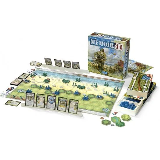 Memoir '44 Refresh board game box art showing detailed WWII miniatures (infantry and tanks) on a hexagonal battlefield map, possibly depicting a beach landing