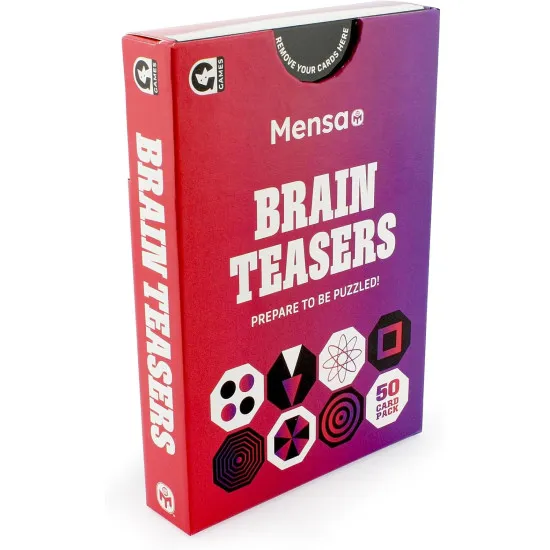 Mensa Brain Teasers challenge card game with 50 double-sided logic, visual and number puzzle cards
