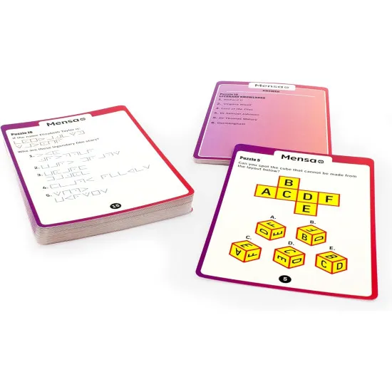 Mensa Brain Teasers challenge card game with 50 double-sided logic, visual and number puzzle cards