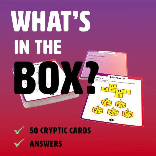 Mensa Brain Teasers challenge card game with 50 double-sided logic, visual and number puzzle cards