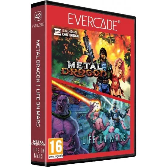 Evercade cartridge box featuring pixel art of a military operative and a futuristic space colony