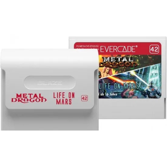 Evercade cartridge box featuring pixel art of a military operative and a futuristic space colony