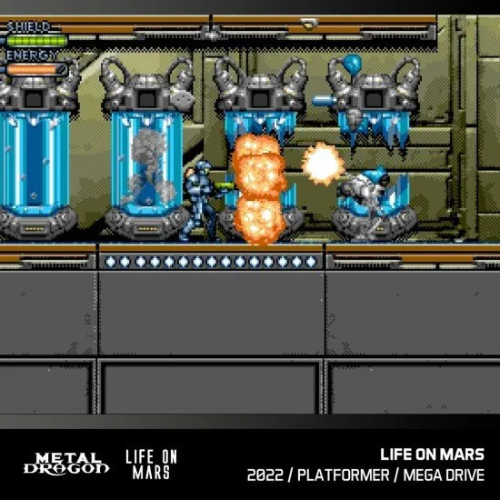 Evercade cartridge box featuring pixel art of a military operative and a futuristic space colony