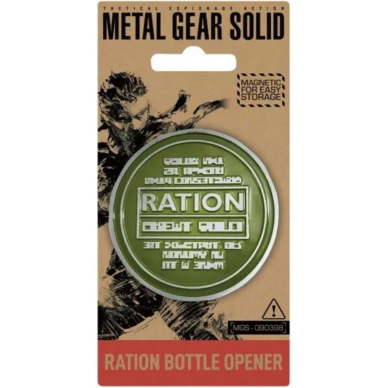 Metal bottle opener designed to look like a Metal Gear Solid Ration pack with magnetic reverse