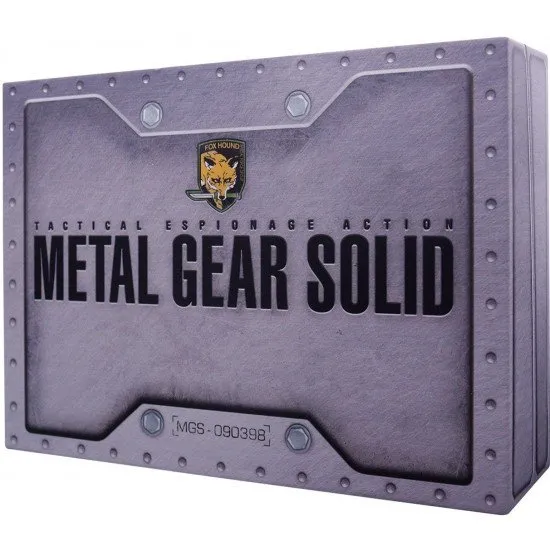 Three metal keycards in blue, yellow, and red from Metal Gear Solid inside a numbered display box