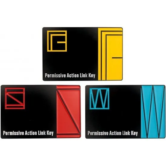 Three metal keycards in blue, yellow, and red from Metal Gear Solid inside a numbered display box