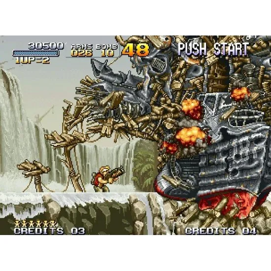 Marco Rossi piloting the iconic Metal Slug tank and blasting through enemy fortifications