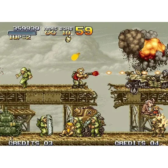 Marco Rossi piloting the iconic Metal Slug tank and blasting through enemy fortifications