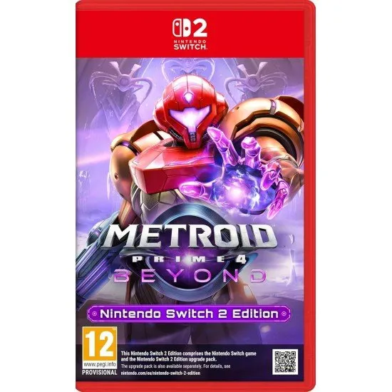 The box art for Metroid Prime 4: Beyond - Nintendo Switch 2 Edition, featuring Samus Aran in her Power Suit and a mysterious, alien planet in the background, with the "Nintendo Switch 2" logo clearly visible.