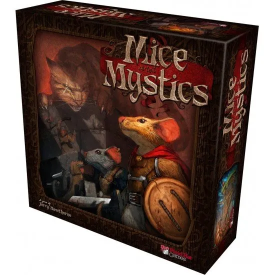 The box art for the Mice and Mystics board game, showing a small mouse hero holding a sword, facing off against a giant spider in a castle environment. Miniatures of other characters and enemies are also visible.