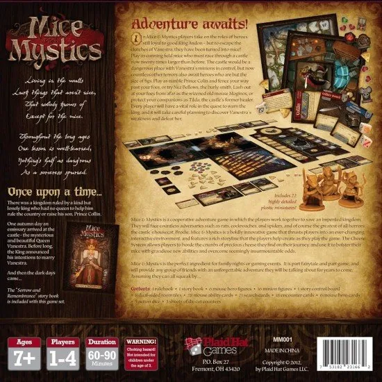 The box art for the Mice and Mystics board game, showing a small mouse hero holding a sword, facing off against a giant spider in a castle environment. Miniatures of other characters and enemies are also visible.