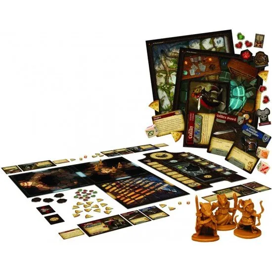 The box art for the Mice and Mystics board game, showing a small mouse hero holding a sword, facing off against a giant spider in a castle environment. Miniatures of other characters and enemies are also visible.