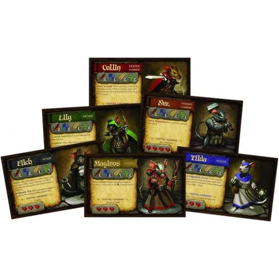 The box art for the Mice and Mystics board game, showing a small mouse hero holding a sword, facing off against a giant spider in a castle environment. Miniatures of other characters and enemies are also visible.
