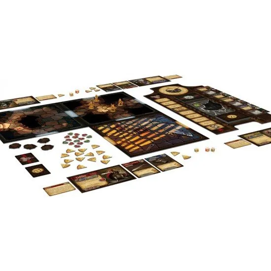 The box art for the Mice and Mystics board game, showing a small mouse hero holding a sword, facing off against a giant spider in a castle environment. Miniatures of other characters and enemies are also visible.