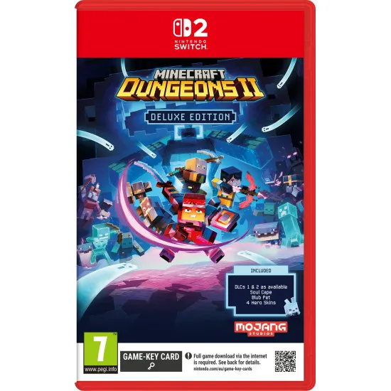 A Nintendo Switch 2 game case featuring a squad of four blocky heroes clad in glowing diamond and netherite armour clashing with an army of brand new shadow mobs inside a glowing portal chamber