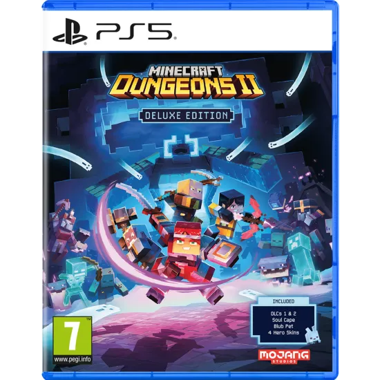 A PlayStation 5 game case showing a group of blocky heroes wielding glowing swords and legendary artifacts battling classic and new mobs inside a dark stone dungeon